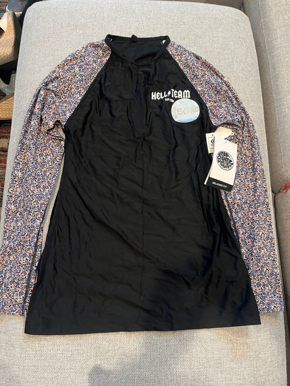 Billabong Black Rash Guard with Floral Print Sleeves